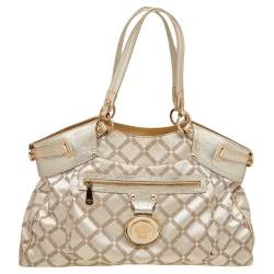 Pre Owned Versace Metallic Gold Signature Canvas And Leather Shoulder Bag