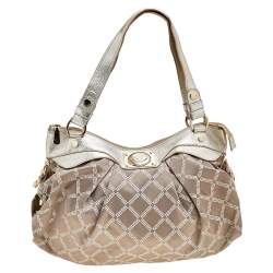 Pre Owned Versace Gold Monogram Fabric And Leather Logo Plate Hobo