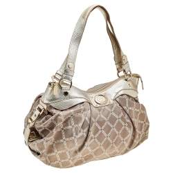 Pre Owned Versace Gold Monogram Fabric And Leather Logo Plate Hobo
