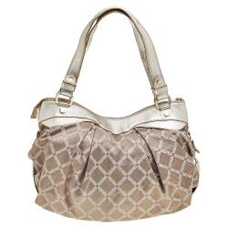 Pre Owned Versace Gold Monogram Fabric And Leather Logo Plate Hobo