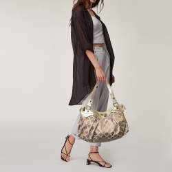 Pre Owned Versace Gold Monogram Fabric And Leather Logo Plate Hobo