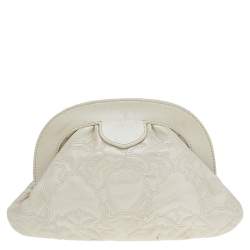 Pre Owned Versace Pearl Beige Leather Medusa Clutch