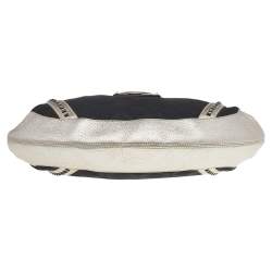 Pre Owned Versace Metallic Silver/Black Signature Canvas And Leather Studded Hobo
