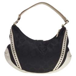 Pre Owned Versace Metallic Silver/Black Signature Canvas And Leather Studded Hobo