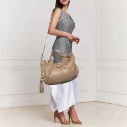 Pre Owned Versace Beige Perforated Leather Tassel Shoulder Bag