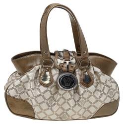 Pre Owned Versace Metallic Gold/Cream Signature Canvas And Leather Shoulder Bag