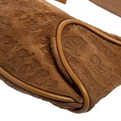 Pre Owned Versace Tan Logo Embossed Suede and Leather Charm Baguette Bag