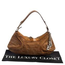 Pre Owned Versace Tan Logo Embossed Suede and Leather Charm Baguette Bag