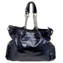 Versace Navy Blue Croc Embossed Patent Leather Chain Satchel