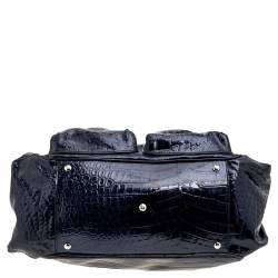 Versace Navy Blue Croc Embossed Patent Leather Chain Satchel