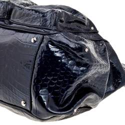 Versace Navy Blue Croc Embossed Patent Leather Chain Satchel