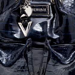 Versace Navy Blue Croc Embossed Patent Leather Chain Satchel