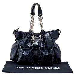 Versace Navy Blue Croc Embossed Patent Leather Chain Satchel