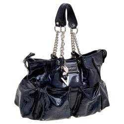 Versace Navy Blue Croc Embossed Patent Leather Chain Satchel