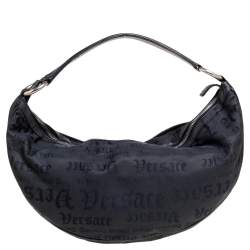 Pre Owned Versace Black Embroidered Print Fabric Studded Hobo