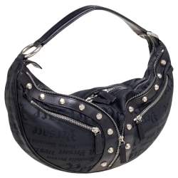 Pre Owned Versace Black Embroidered Print Fabric Studded Hobo