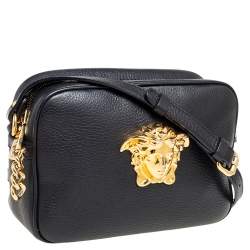 Pre Owned Versace Black Leather Medusa Crossbody Bag 