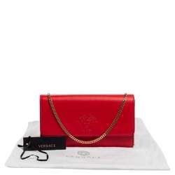 Pre Owned Versace Red Leather Flap Wallet On Chain 