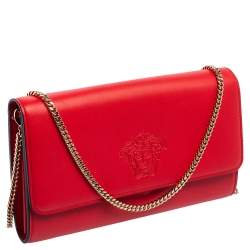 Pre Owned Versace Red Leather Flap Wallet On Chain 