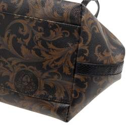 Pre Owned Versace Black/Brown Medusa Floral Printed Coated Canvas & Snakeskin Leather Tote