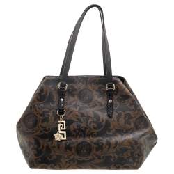 Pre Owned Versace Black/Brown Medusa Floral Printed Coated Canvas & Snakeskin Leather Tote