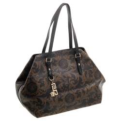 Pre Owned Versace Black/Brown Medusa Floral Printed Coated Canvas & Snakeskin Leather Tote