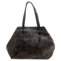 Pre Owned Versace Black/Brown Medusa Floral Printed Coated Canvas & Snakeskin Leather Tote