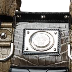 Pre Owned Versace Black/Brown Ombre Croc Embossed Patent Leather Boston Bag