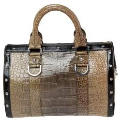 Pre Owned Versace Black/Brown Ombre Croc Embossed Patent Leather Boston Bag