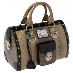 Pre Owned Versace Black/Brown Ombre Croc Embossed Patent Leather Boston Bag