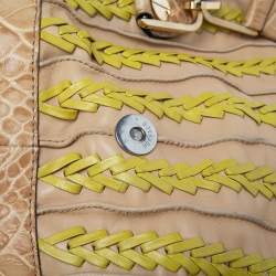 Pre Owned Versace Beige & Yellow Leather and Croc Embossed Leather Woven Detailed Bowler Bag