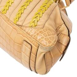 Pre Owned Versace Beige & Yellow Leather and Croc Embossed Leather Woven Detailed Bowler Bag