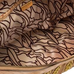 Pre Owned Versace Beige & Yellow Leather and Croc Embossed Leather Woven Detailed Bowler Bag