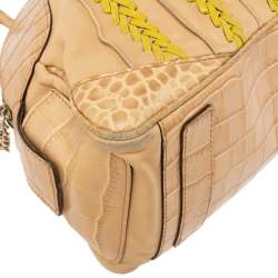Pre Owned Versace Beige & Yellow Leather and Croc Embossed Leather Woven Detailed Bowler Bag