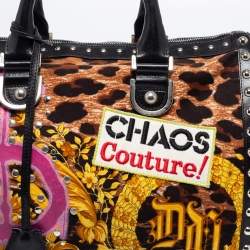 Pre Owned Versace Multicolor Archival Print Canvas and Leather Chaos Couture Studded Boston Bag