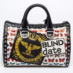 Pre Owned Versace Multicolor Archival Print Canvas and Leather Chaos Couture Studded Boston Bag