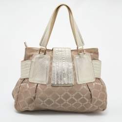 Pre Owned Versace Gold Signature Fabric and Leather Medusa Buckle Satchel