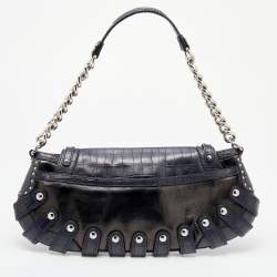 Pre Owned حقيبة كتف فيرساتشي جلد نقشة تمساح لامع أزرق كحلي/أسود 