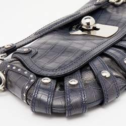 Pre Owned حقيبة كتف فيرساتشي جلد نقشة تمساح لامع أزرق كحلي/أسود 