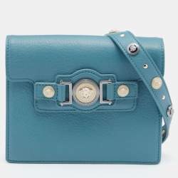 Pre Owned Versace Blue Leather Medusa Buckle Flap Crossbody Bag