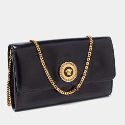 Pre Owned Versace Black Leather Medusa Chain Clutch