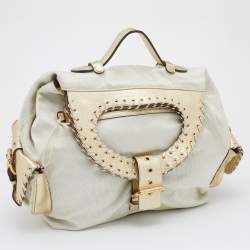 مملوكة مسبقًا Versace Metallic Light Beige/Gold Technical Fabric and Leather Satchel