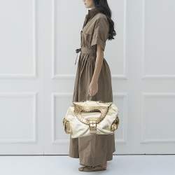 مملوكة مسبقًا Versace Metallic Light Beige/Gold Technical Fabric and Leather Satchel