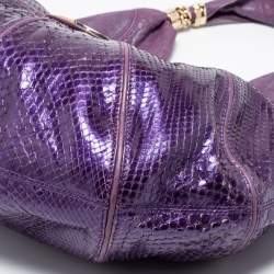 Pre Owned Versace Purple Snakeskin and Leather Crystal Embellished Flap Hobo