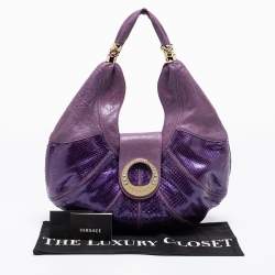 Pre Owned Versace Purple Snakeskin and Leather Crystal Embellished Flap Hobo