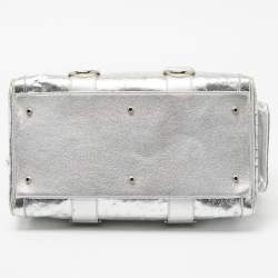 Pre Owned Versace Metallic Silver Ostrich Embossed Leather Snap Out Of It Satchel