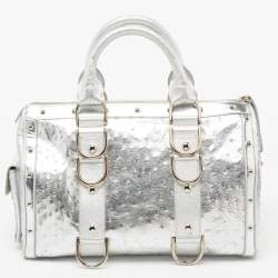 Pre Owned Versace Metallic Silver Ostrich Embossed Leather Snap Out Of It Satchel