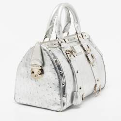 Pre Owned Versace Metallic Silver Ostrich Embossed Leather Snap Out Of It Satchel