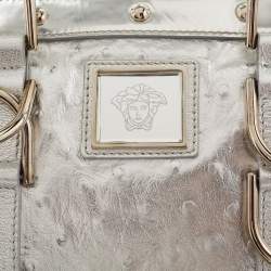 Pre Owned Versace Metallic Silver Ostrich Embossed Leather Snap Out Of It Satchel