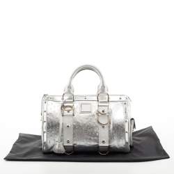 Pre Owned Versace Metallic Silver Ostrich Embossed Leather Snap Out Of It Satchel